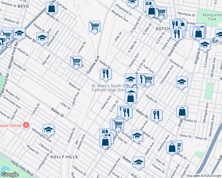 map of restaurants, bars, coffee shops, grocery stores, and more near 4760 South Spring Avenue in St. Louis