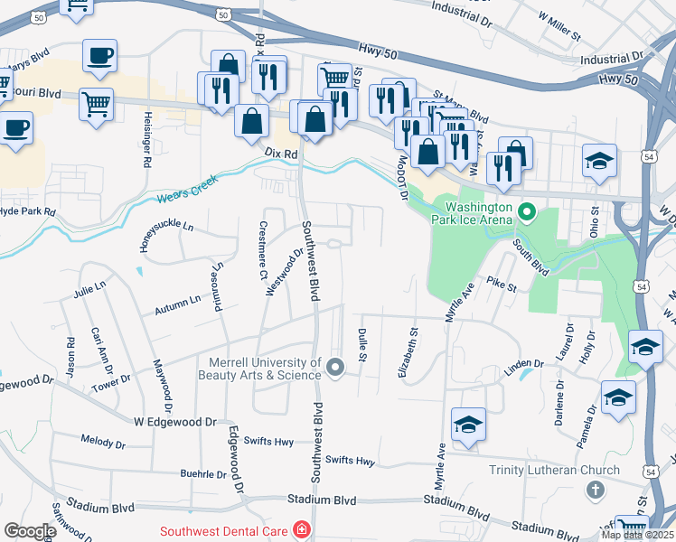 map of restaurants, bars, coffee shops, grocery stores, and more near 909 Southwest Boulevard in Jefferson City