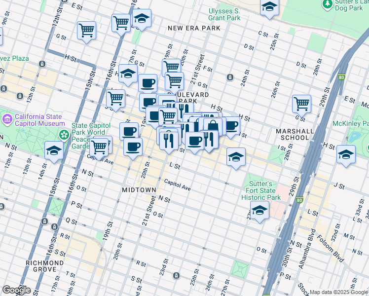 map of restaurants, bars, coffee shops, grocery stores, and more near 1009 22nd Street in Sacramento