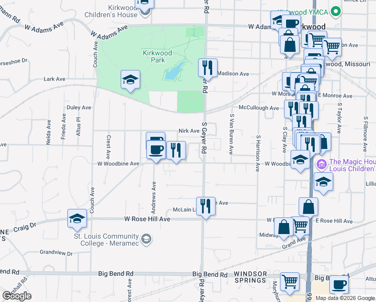 map of restaurants, bars, coffee shops, grocery stores, and more near 435 Heman Drive in Kirkwood