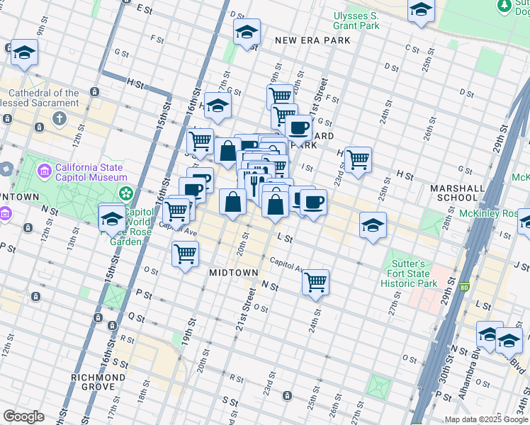 map of restaurants, bars, coffee shops, grocery stores, and more near 2012 K Street in Sacramento