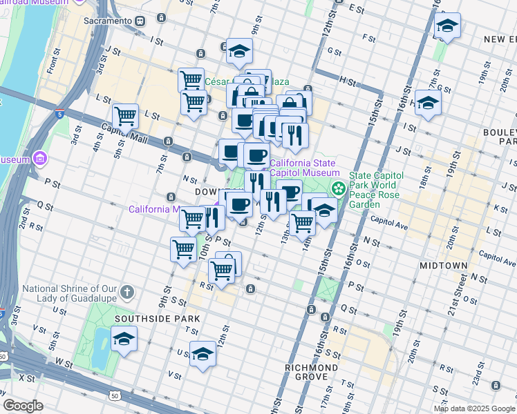 map of restaurants, bars, coffee shops, grocery stores, and more near 1120 N Street in Sacramento