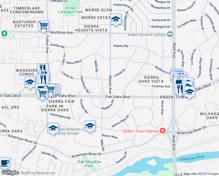 map of restaurants, bars, coffee shops, grocery stores, and more near 543 Morse Avenue in Sacramento