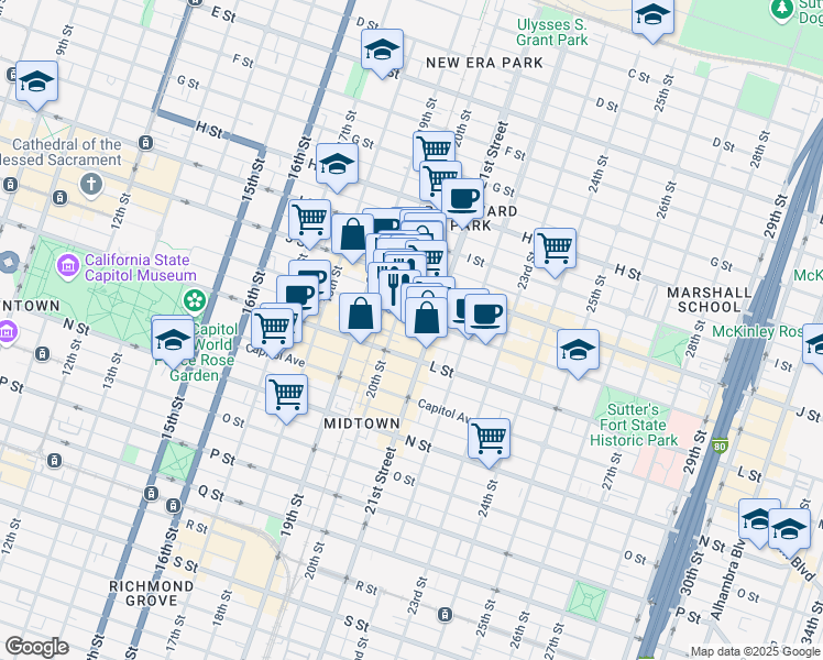 map of restaurants, bars, coffee shops, grocery stores, and more near 2012 K Street in Sacramento