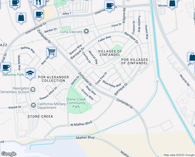 map of restaurants, bars, coffee shops, grocery stores, and more near 3508 Blanchette Way in Rancho Cordova