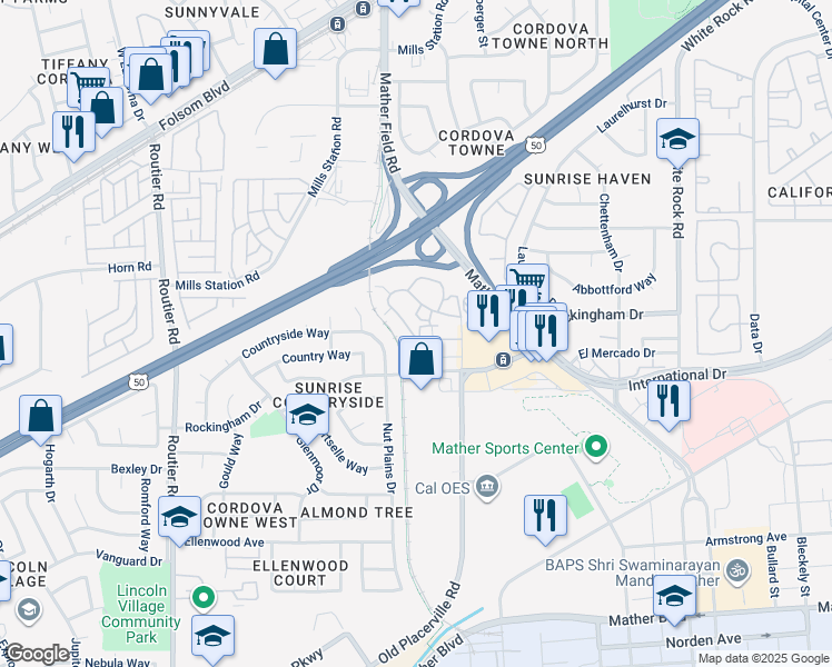 map of restaurants, bars, coffee shops, grocery stores, and more near 3217 Ramos Circle in Sacramento