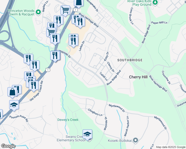 map of restaurants, bars, coffee shops, grocery stores, and more near 17380 Cosgrove Way in Dumfries