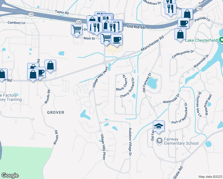 map of restaurants, bars, coffee shops, grocery stores, and more near 16400 Pavillion Hill Court in Wildwood