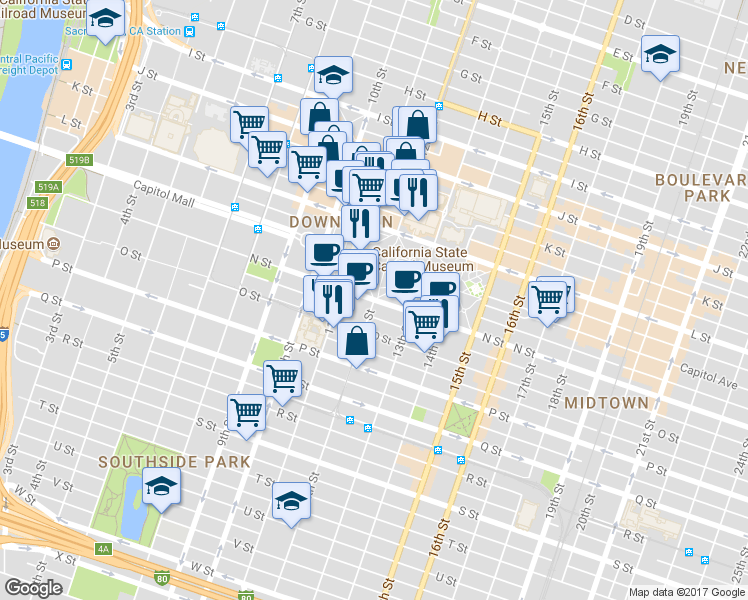 map of restaurants, bars, coffee shops, grocery stores, and more near N Street & 12th Street in Sacramento