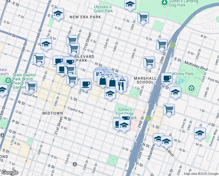 map of restaurants, bars, coffee shops, grocery stores, and more near 914 25th Street in Sacramento