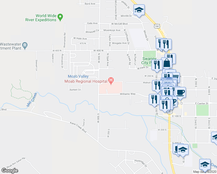 map of restaurants, bars, coffee shops, grocery stores, and more near 450 Williams Way in Moab