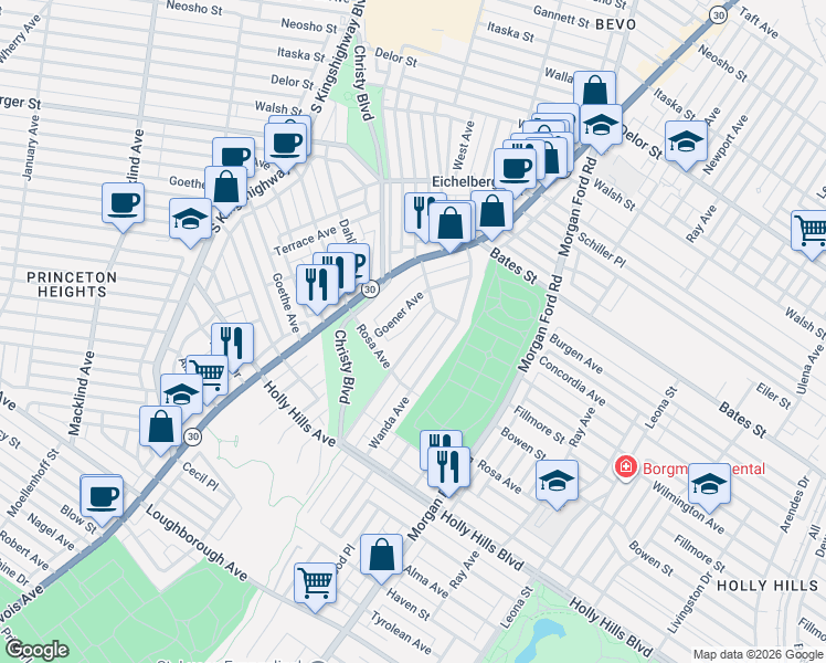 map of restaurants, bars, coffee shops, grocery stores, and more near 5832 Goener Avenue in St. Louis