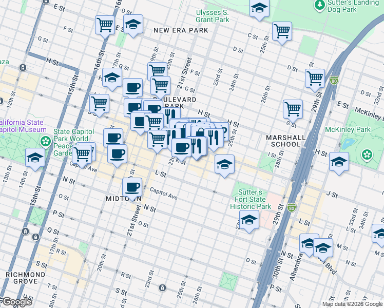 map of restaurants, bars, coffee shops, grocery stores, and more near 2230 J Street in Sacramento