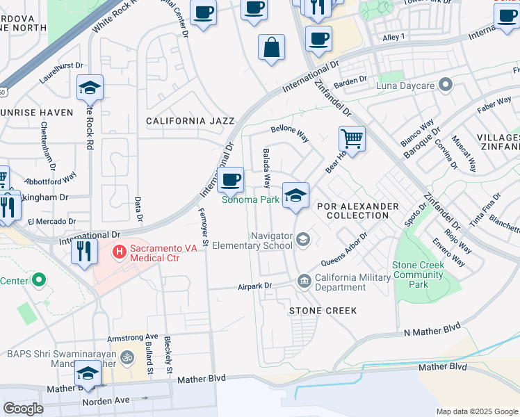 map of restaurants, bars, coffee shops, grocery stores, and more near 3316 Verdeca Way in Rancho Cordova