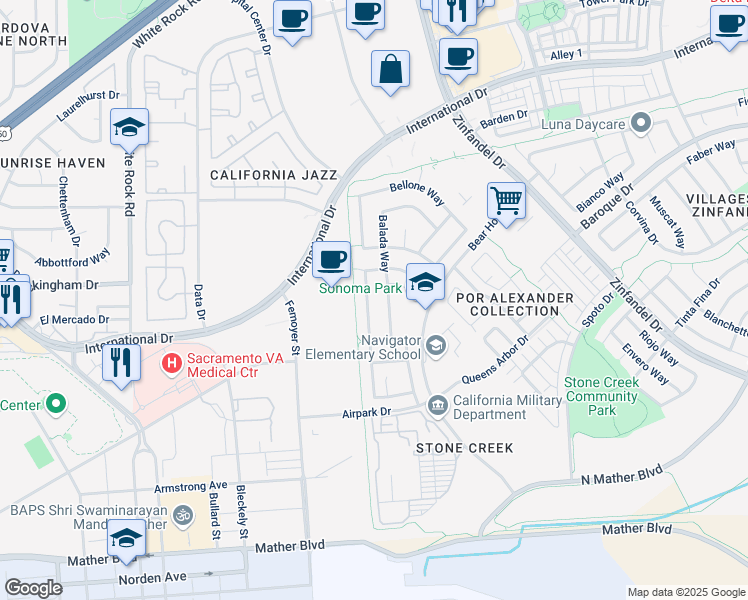 map of restaurants, bars, coffee shops, grocery stores, and more near 3316 Verdeca Way in Rancho Cordova
