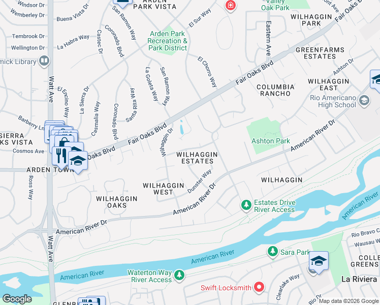 map of restaurants, bars, coffee shops, grocery stores, and more near 4016 Wycombe Drive in Sacramento