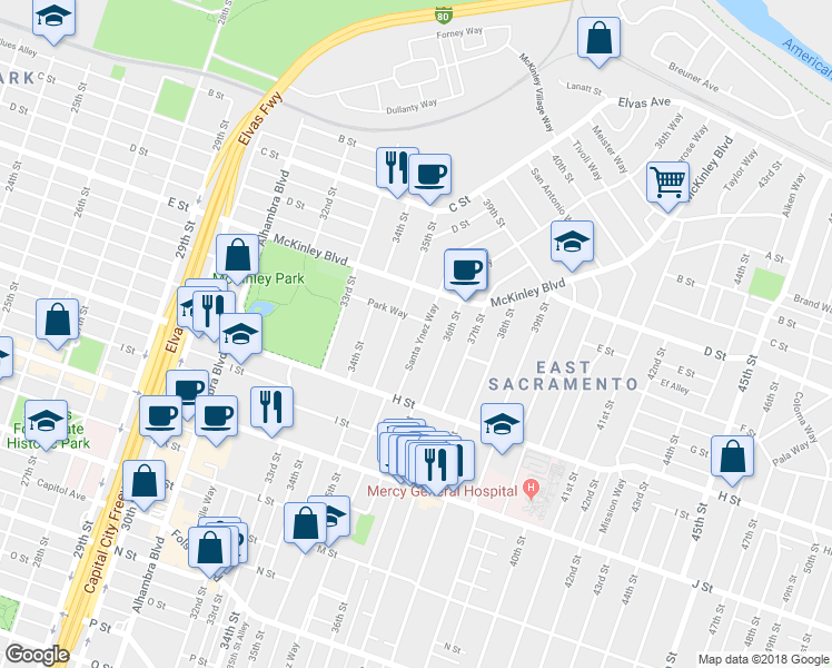 map of restaurants, bars, coffee shops, grocery stores, and more near 561 Santa Ynez Way in Sacramento