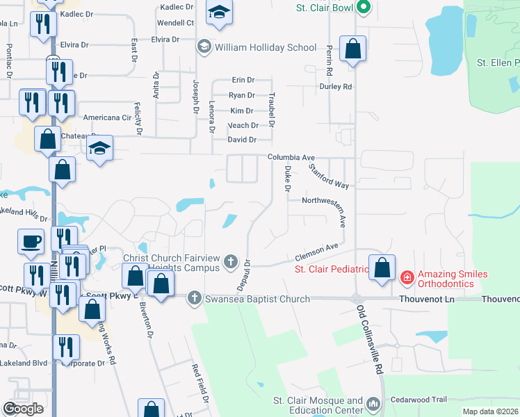 map of restaurants, bars, coffee shops, grocery stores, and more near 801 Old Dominion Court in Fairview Heights