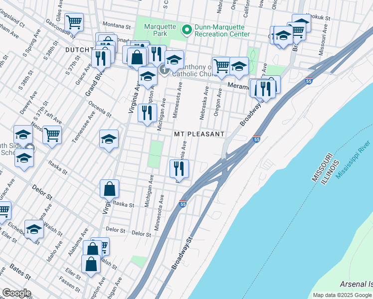 map of restaurants, bars, coffee shops, grocery stores, and more near 4426 Pennsylvania Avenue in St. Louis