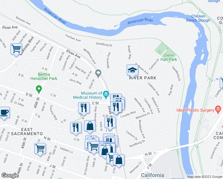 map of restaurants, bars, coffee shops, grocery stores, and more near 5310 Moddison Avenue in Sacramento