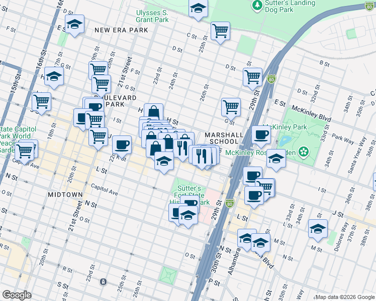 map of restaurants, bars, coffee shops, grocery stores, and more near 2528 I Street in Sacramento