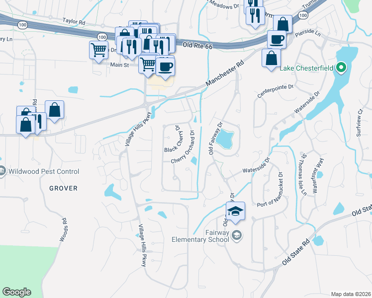 map of restaurants, bars, coffee shops, grocery stores, and more near 16333 Cherry Orchard Drive in Wildwood