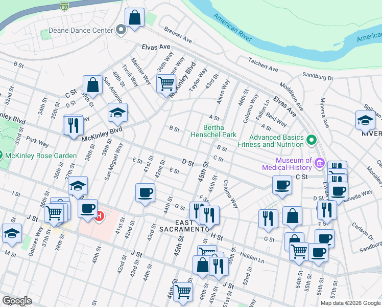 map of restaurants, bars, coffee shops, grocery stores, and more near 255 La Purissima Way in Sacramento