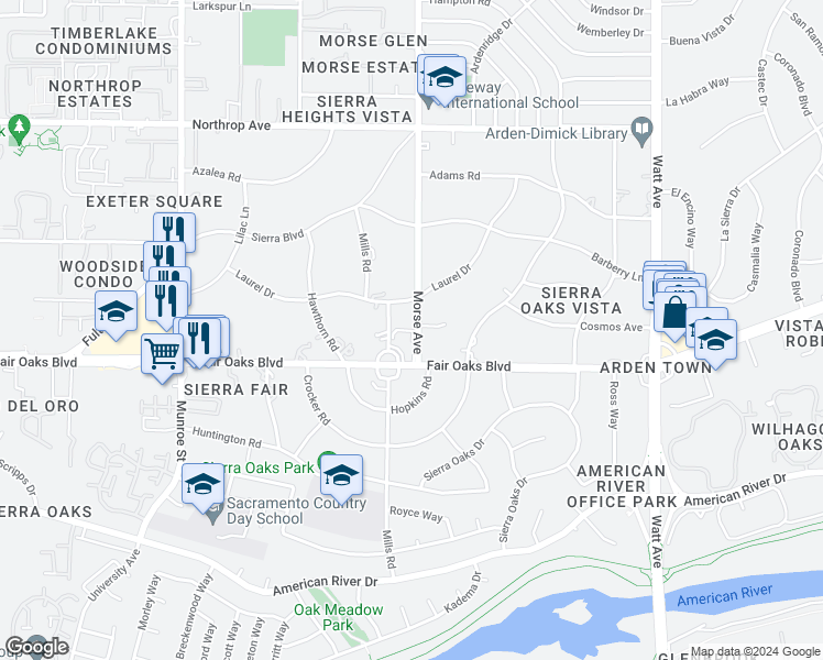 map of restaurants, bars, coffee shops, grocery stores, and more near 549 Morse Avenue in Sacramento