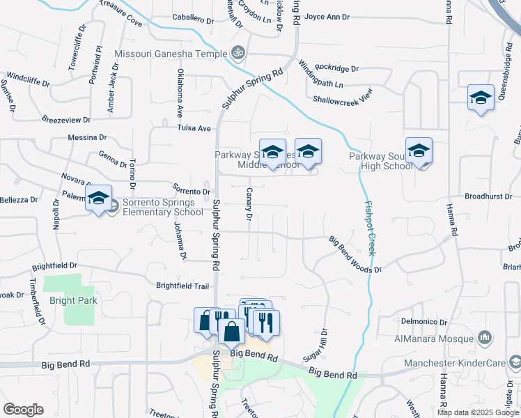 map of restaurants, bars, coffee shops, grocery stores, and more near 614 Fox Hill Estates Drive in Ballwin
