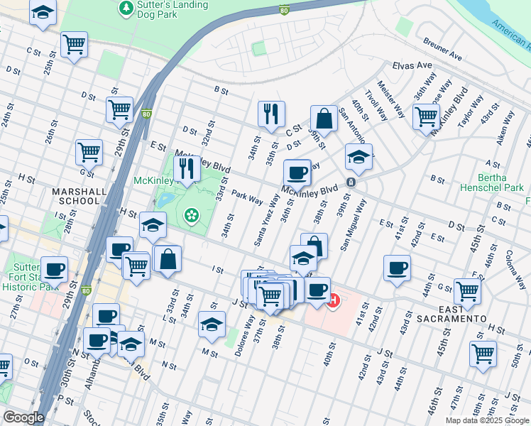 map of restaurants, bars, coffee shops, grocery stores, and more near 561 Santa Ynez Way in Sacramento