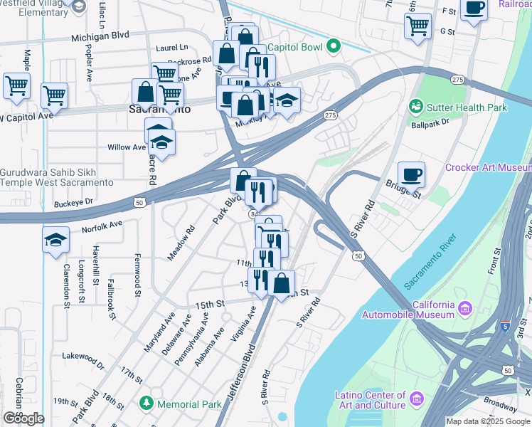 map of restaurants, bars, coffee shops, grocery stores, and more near 921 Jefferson Boulevard in West Sacramento