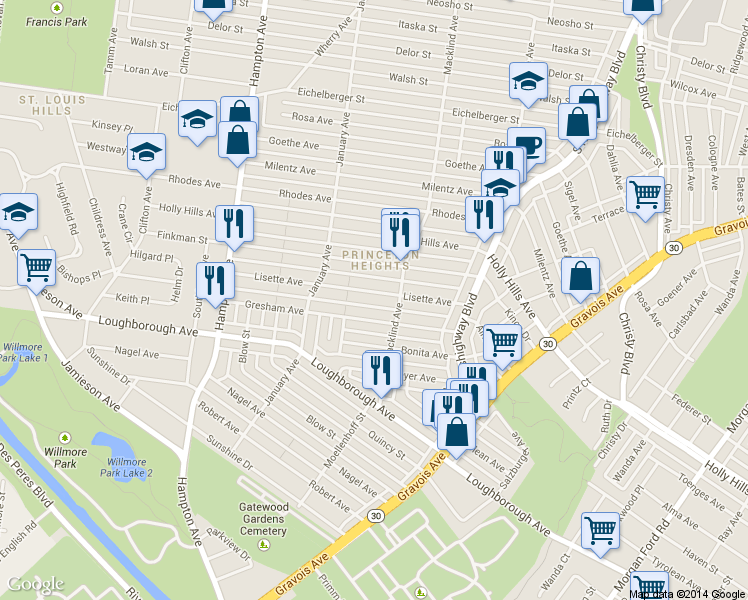 map of restaurants, bars, coffee shops, grocery stores, and more near 5426 Lisette Avenue in St. Louis