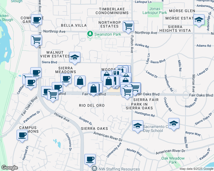 map of restaurants, bars, coffee shops, grocery stores, and more near 535 Fulton Avenue in Sacramento
