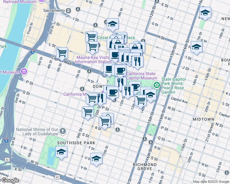 map of restaurants, bars, coffee shops, grocery stores, and more near 1416 11th Street in Sacramento