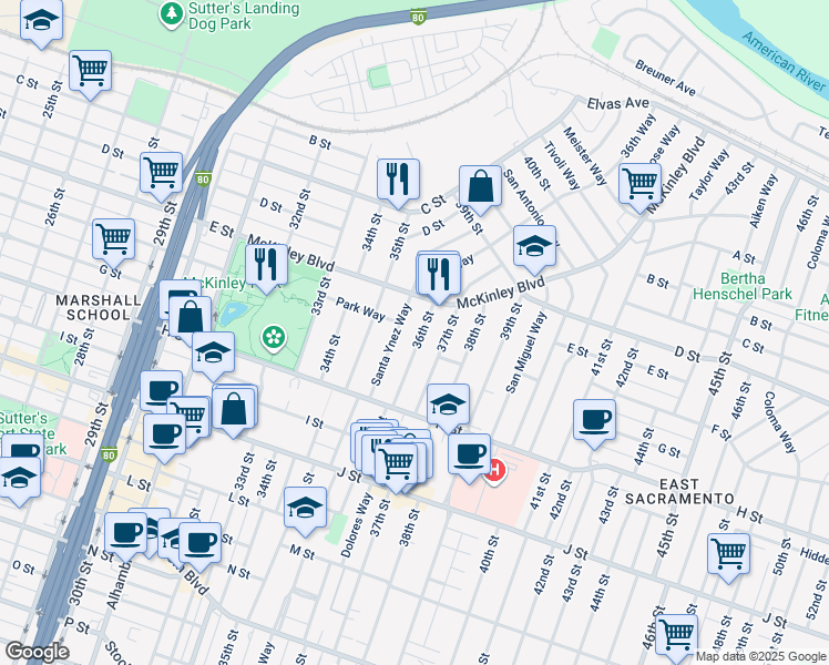map of restaurants, bars, coffee shops, grocery stores, and more near 561 Santa Ynez Way in Sacramento