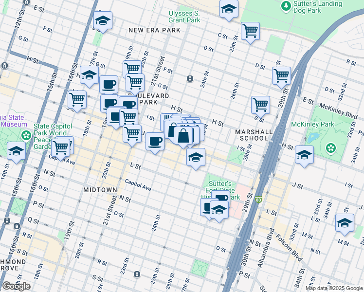 map of restaurants, bars, coffee shops, grocery stores, and more near 24th Street & J Street in Sacramento