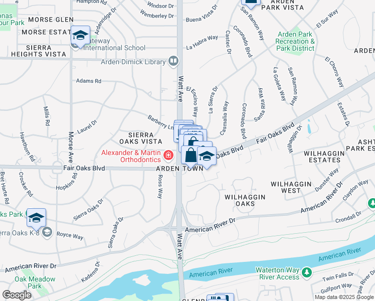 map of restaurants, bars, coffee shops, grocery stores, and more near 624 Watt Avenue in Sacramento