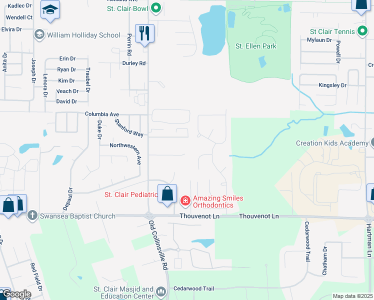 map of restaurants, bars, coffee shops, grocery stores, and more near 1444 Owl Creek Lane in Belleville