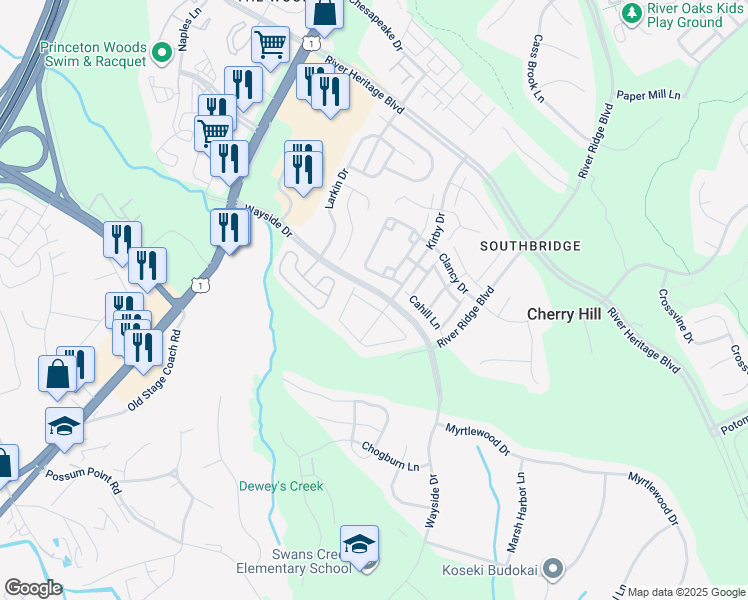 map of restaurants, bars, coffee shops, grocery stores, and more near 3209 Antrim Circle in Dumfries