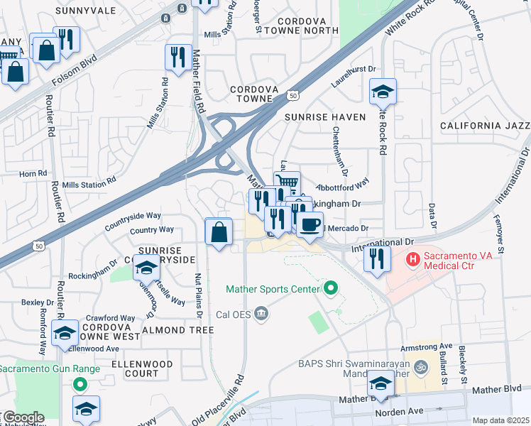 map of restaurants, bars, coffee shops, grocery stores, and more near 3240 Mather Field Road in Sacramento