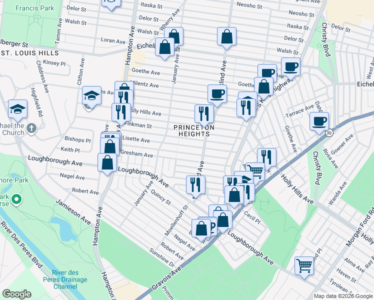 map of restaurants, bars, coffee shops, grocery stores, and more near 5426 Lisette Avenue in St. Louis