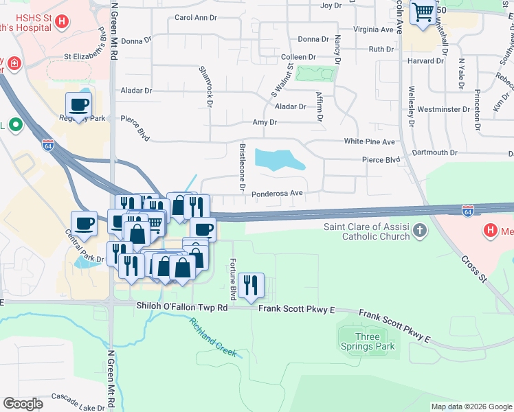 map of restaurants, bars, coffee shops, grocery stores, and more near 463 Ponderosa Avenue in O'Fallon