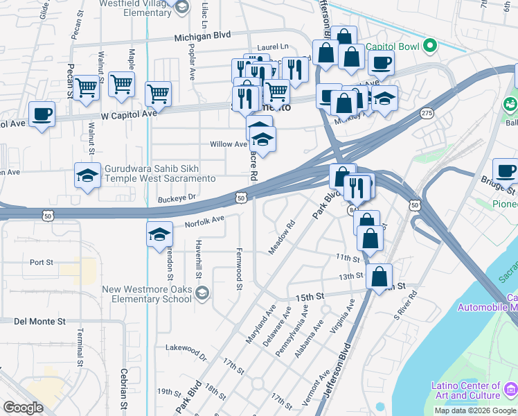 map of restaurants, bars, coffee shops, grocery stores, and more near 731 Webster Street in West Sacramento