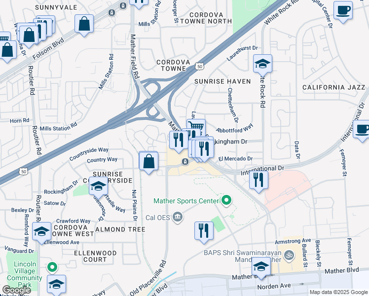 map of restaurants, bars, coffee shops, grocery stores, and more near 3240 Mather Field Rd in Sacramento