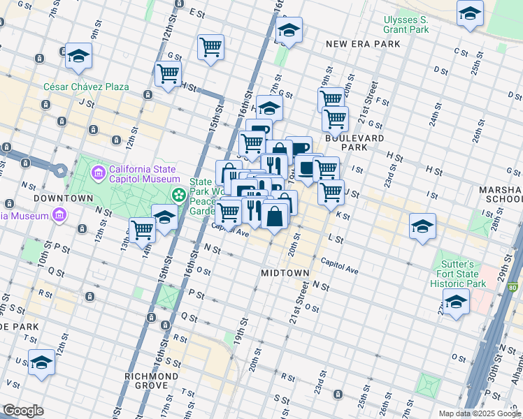 map of restaurants, bars, coffee shops, grocery stores, and more near 1801 L Street in Sacramento