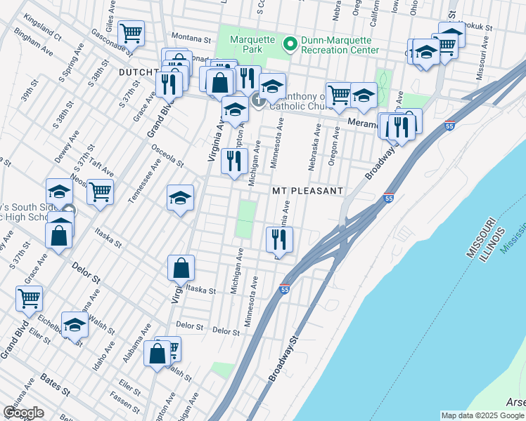 map of restaurants, bars, coffee shops, grocery stores, and more near 4443 Minnesota Avenue in St. Louis