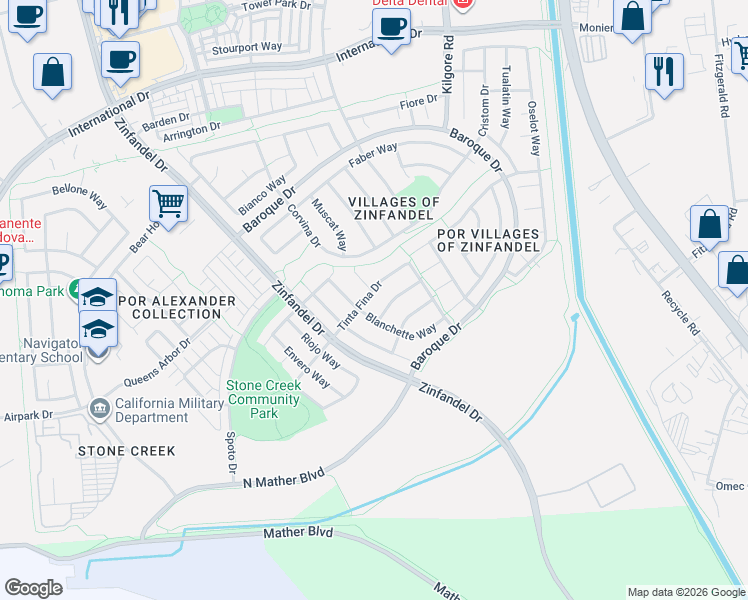 map of restaurants, bars, coffee shops, grocery stores, and more near 11038 Tinta Fina Drive in Rancho Cordova