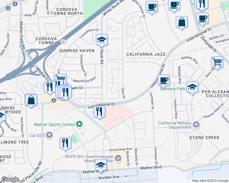 map of restaurants, bars, coffee shops, grocery stores, and more near 22 Data Drive in Rancho Cordova