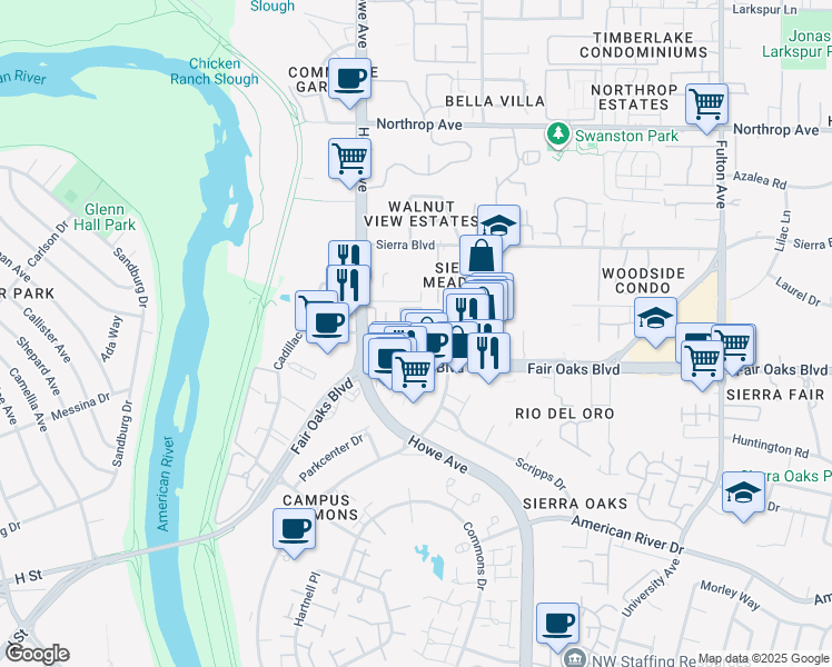 map of restaurants, bars, coffee shops, grocery stores, and more near 514 Pine Garden Lane in Sacramento