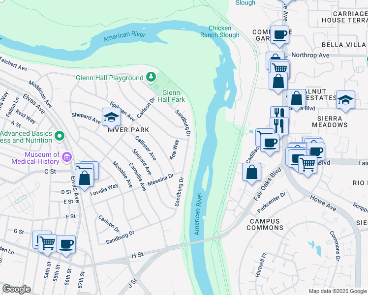 map of restaurants, bars, coffee shops, grocery stores, and more near 54 Sandburg Drive in Sacramento